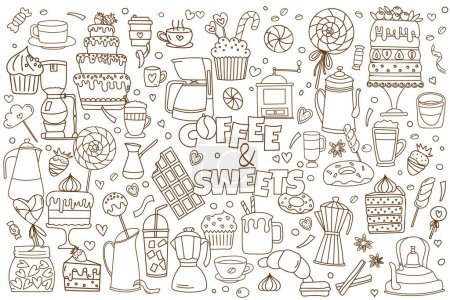 Illustration for Doodles On The Theme Of Cafe - Coffee And Sweets, Are Stress-Relief Coloring Page Illustrations Featuring Vector Images Of Coffee, Cakes, And Sweets - Royalty Free Image