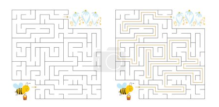 Ilustración de Laberinto - Puzzle para niños ayuda a pequeña abeja llegar a la flor - Imagen libre de derechos