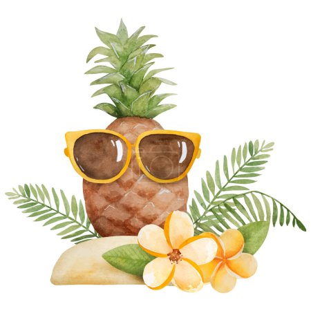 Ilustración de Vector Piña tropical de verano con gafas de sol y plumeria acuarela para el diseño de postales. Composición de plantas exóticas - Imagen libre de derechos