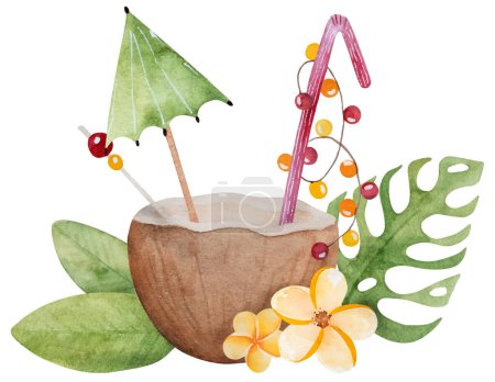 Illustration for Hand-Drawn Vector Illustration Of A Summer Vacation Theme - A Cocktail In A Coconut Decorated With An Umbrella, Tropical Flowers And Leaves Clipart On A White Background - Royalty Free Image
