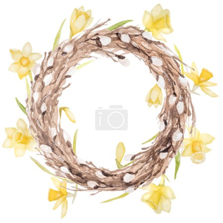 Illustration for Watercolor Illustration Showcases Wreath Made Of Willow And Daffodils For Easter - Royalty Free Image