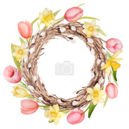 Illustration for Watercolor Clipart Of A Wreath Made From Willow, Tulips, And Daffodils Illustrates A Spring Theme - Royalty Free Image