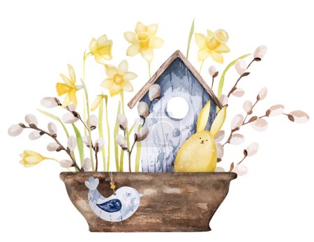 Illustration for Handmade Watercolor Birdhouse And Potted Daffodils Make Perfect Easter Decor - Royalty Free Image