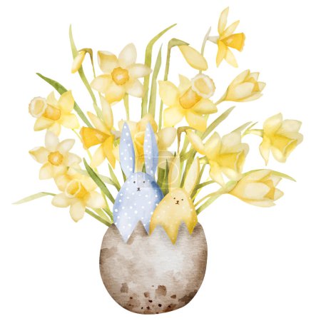 Ilustración de Clipart de vacaciones de Pascua Características Un ramo de acuarela de narcisos en una cáscara de huevo con conejos decorativos - Imagen libre de derechos