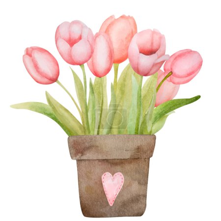 Illustration for Watercolor Illustration Of Red Tulips In A Pot Is A Vibrant Display Of Artistry - Royalty Free Image