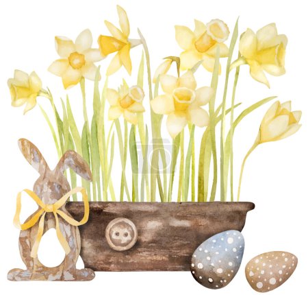 Illustration for Watercolor Illustration Features Yellow Daffodils In A Pot, Easter Eggs And A Wooden Easter Bunny Decor - Royalty Free Image