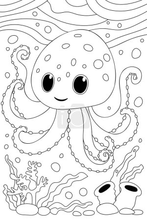 Téléchargez les illustrations : Livre à colorier poulpe pour enfants Caractéristiques Pages conçues pour les enfants d'âge préscolaire pour explorer le monde sous-marin - en licence libre de droit