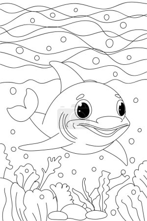 Téléchargez les illustrations : Dolphin In Sea Coloring Book Page pour les enfants d'âge préscolaire est une activité amusante - en licence libre de droit