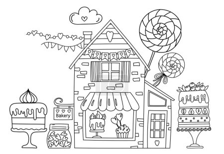 Illustration for Coloring Page - Sweet Bakery Illustration With Lots Of Sweets, Cakes, Candies - Coloring Book For Children - Royalty Free Image
