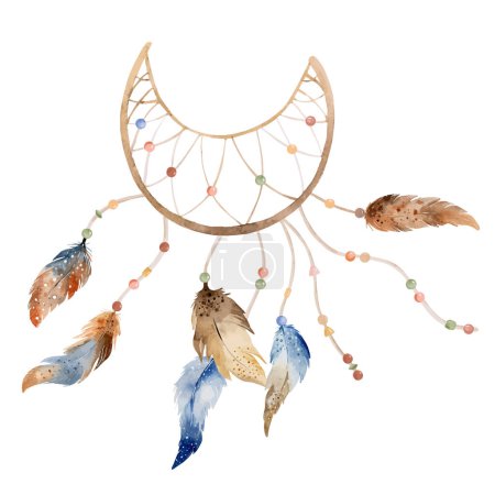Ilustración de Adorno tribal boho dreamcatcher acuarela con plumas aztecas y flecha. Atrapasueños tradicionales pintura ala étnica - Imagen libre de derechos