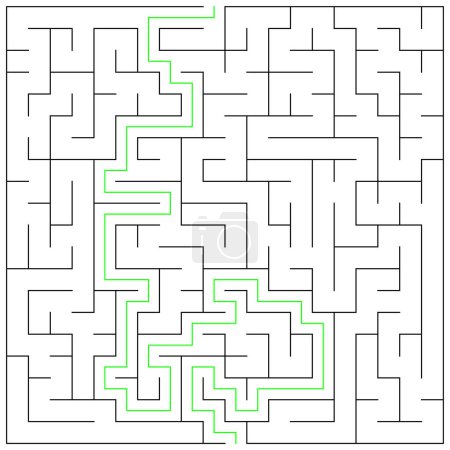 Bildung Logik-Spiel Labyrinth für Kinder. den richtigen Weg finden. isolierte einfache quadratische Labyrinth schwarze Linie auf weißem Hintergrund. mit der Lösung. Vektorillustration.