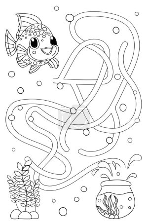 Téléchargez les illustrations : Labyrinthe vectoriel isolé sur fond blanc. Aidez les poissons à trouver l'aquarium. Labyrinthe de jeu de logique de l'éducation pour les enfants. Avec la solution. - en licence libre de droit