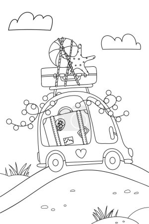 Illustration for Coloring Page For ChildrenS Creativity Features. A Car Going To The Sea With A Suitcase On The Roof And A Ball. Coloring Book. - Royalty Free Image