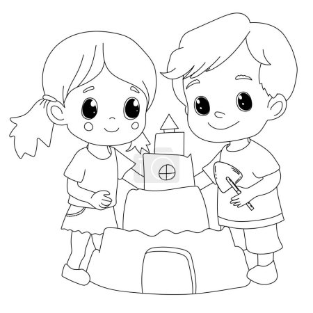 Ilustración de Página para colorear para niños La creatividad cuenta con una niña y un niño construyendo un castillo de arena en un libro para colorear - Imagen libre de derechos