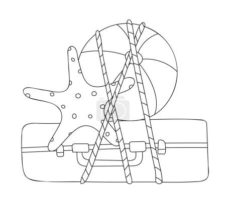 Ilustración de Ilustración vectorial - Página para colorear con una maleta con una bola y una estrella de mar, perfecta para la creatividad temática de verano - Imagen libre de derechos