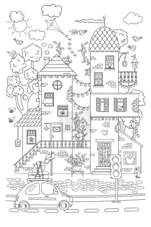 Téléchargez les illustrations : Anti-stress Coloriage Page Avec Une Mignonne Maison Pour Enfants Et Adultes Caractéristiques De nombreux détails - en licence libre de droit