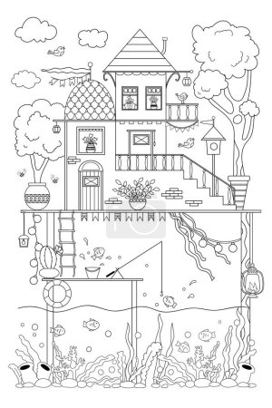 Téléchargez les illustrations : Coloriage anti-stress avec une jolie maison au bord de la rivière pour les enfants et les adultes, rempli de nombreux détails - en licence libre de droit