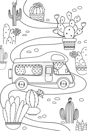 Illustration for House On Wheels Travels On Road Among Cact - Is A Coloring Page For ChildrenS Creativity - Royalty Free Image