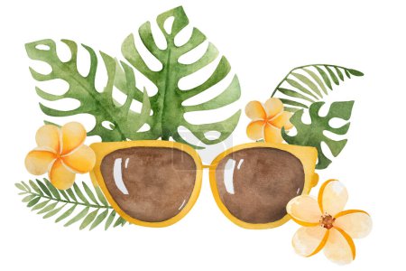 Téléchargez les photos : Illustration vectorielle dessinée à la main d'un thème de vacances comportant des lunettes de soleil avec feuilles tropicales et fleurs Clipart sur un fond blanc - en image libre de droit