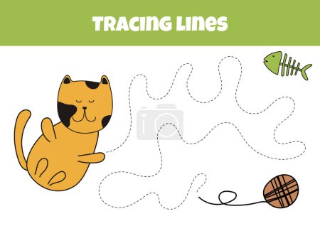 Illustration for Outline The Line From The Cat To The Ball: A Worksheet For Tracing Lines For Preschoolers Aged 4-6 Years - Royalty Free Image