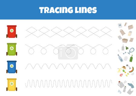 Illustration for Outline The Line From Trash Bins To Garbage, A Worksheet For Tracing Lines For Preschoolers Aged 4-6 Years - Royalty Free Image