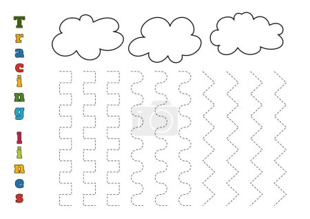 Téléchargez les illustrations : Décrivez les lignes de pluie des nuages est une feuille de calcul pour tracer les lignes pour les enfants d'âge préscolaire 4-6 ans - en licence libre de droit
