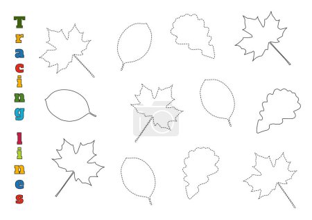 Téléchargez les photos : Décrivez les feuilles d'automne sur une feuille de calcul pour tracer les lignes pour les enfants d'âge préscolaire âgés de 4 à 6 ans - en image libre de droit