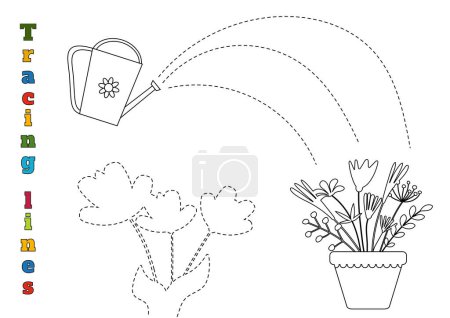 Illustration for Outline The Line From The Watering Can To The Flower Is A Worksheet For Tracing Lines For Preschoolers Aged 4-6 Years - Royalty Free Image