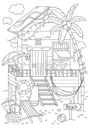 Ilustración de Casa de playa para colorear página. Es un libro para colorear para adultos y niños - Imagen libre de derechos