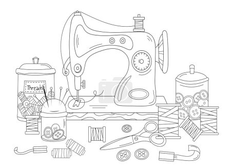 Ilustración de Página para colorear, máquina de coser, libro para colorear para adultos y niños representan mi imagen - Imagen libre de derechos