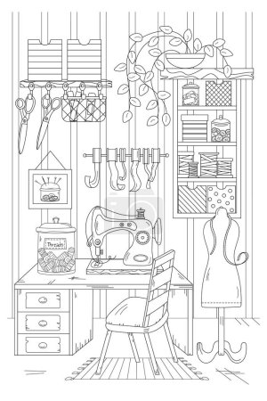 Illustration for Coloring Page. A Sewing Workshop Coloring Book For Adults And Children - Royalty Free Image