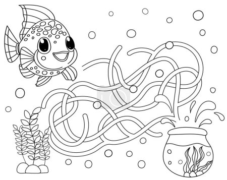 Illustration for Vector maze isolated on white background. Help the fish find the aquarium. Education logic game labyrinth for kids. With the solution. - Royalty Free Image