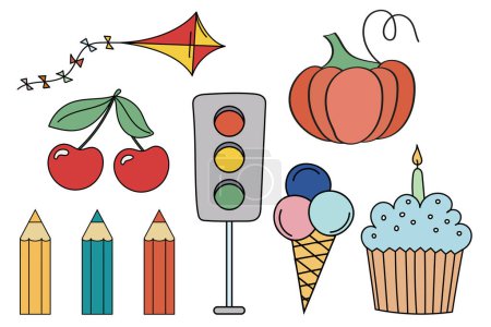 Téléchargez les illustrations : Les dessins simples pour enfants incluent cerise, feu de circulation, cerf-volant, citrouille, crème glacée et gâteau - en licence libre de droit
