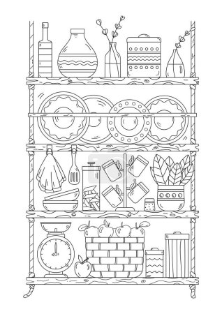 Coloring Page Features Shelves With Dishes And Kitchen Utensils, Suitable For Both Adults And Children