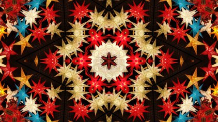 Téléchargez les photos : Modèle kaléidoscopique coloré abstrait avec des étoiles de Noël lumineuses et colorées - en image libre de droit