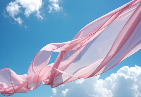 Téléchargez les photos : Volant vague de tissu transparent rose sur fond de ciel bleu et illuminé par la lumière du soleil, ondulant tissu flottant de soie - en image libre de droit