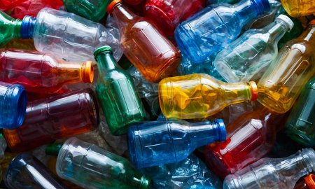 Heap of used empty multicolor plastic bottles, close-up background, separate waste collection,  environmental pollution