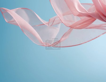 Téléchargez les photos : Onde volante en tissu rose sur fond bleu et éclairée par la lumière du soleil, agitant le tissu flottant en soie - en image libre de droit