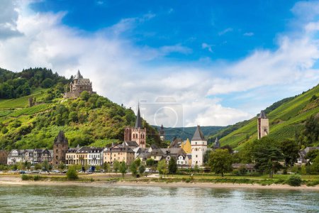 Castillos románticos en el valle del Rin es una zona vinícola en un hermoso día de verano, Alemania