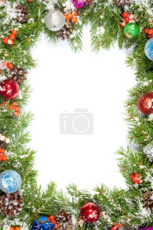Photo for Christmas background with balls and decorations and snow, holly berry, cones isolated on white - Royalty Free Image