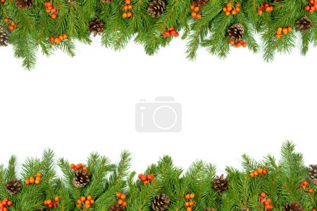 Foto de Marco verde navideño con conos y baya de acebo aislados sobre fondo blanco - Imagen libre de derechos