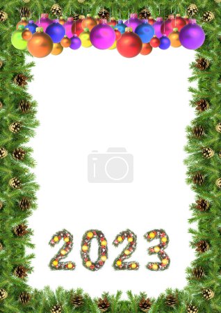 Foto de Marco del árbol de Navidad y número 2023 hecho por ramas de árbol de Navidad aisladas sobre fondo blanco - Imagen libre de derechos