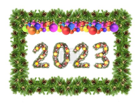 Photo for Christmas tree framework and 2023 number made by christmas tree branches isolated on white background - Royalty Free Image