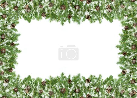 Foto de Fondo de Navidad con nieve, y conos aislados en blanco - Imagen libre de derechos