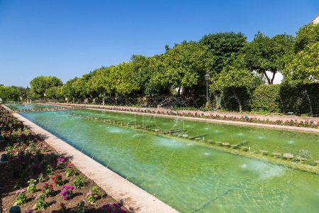 Téléchargez les photos : Fontaines et jardins de l'Alcazar de los Reyes Cristianos à Cordoue par une belle journée d'été, Espagne - en image libre de droit