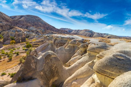 Téléchargez les photos : Paysage de formations rocheuses volcaniques en Cappadoce, Turquie par une belle journée d'été - en image libre de droit