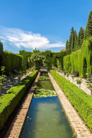 Téléchargez les photos : Gardens and fountains in Alhambra palace in Granada in a beautiful summer day, Spain - en image libre de droit