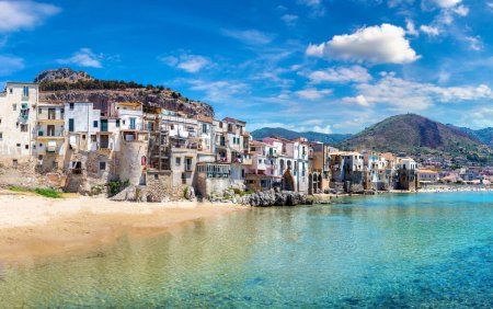 Photo for Panorama of Harbor and old houses in Cefalu in Sicily, Italy in a beautiful summer day - Royalty Free Image