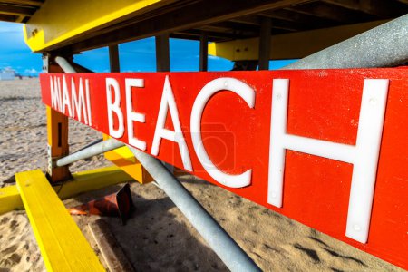 Photo for Close-up of Miami Beach sign on Lifeguard tower in South beach, Miami Beach in a sunny day, Florida - Royalty Free Image