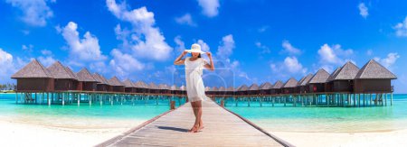 Téléchargez les photos : Panorama de Belle jeune femme debout sur la jetée de la plage tropicale (jetée en bois) - en image libre de droit